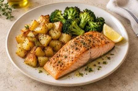 Saumon, pommes de terre et brocoli